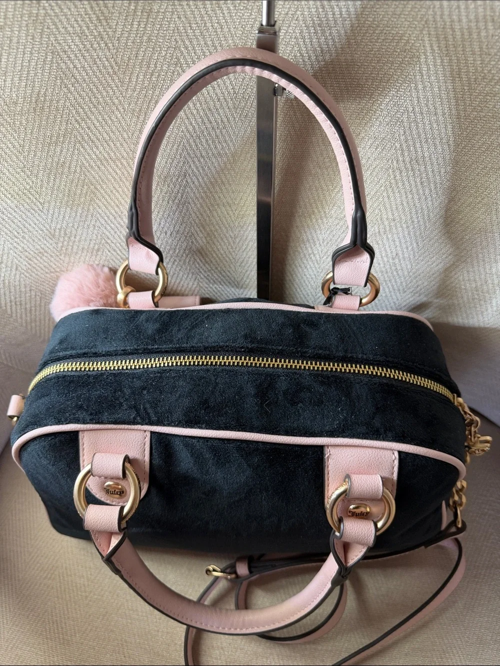 Juicy Couture Pink and Black Velvet Satchel with Detachable Pouch